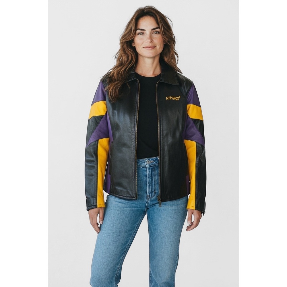 Wilsons G-III Minnesota Vikings Leather Jacket Womens XL Black Purple Gold NFL